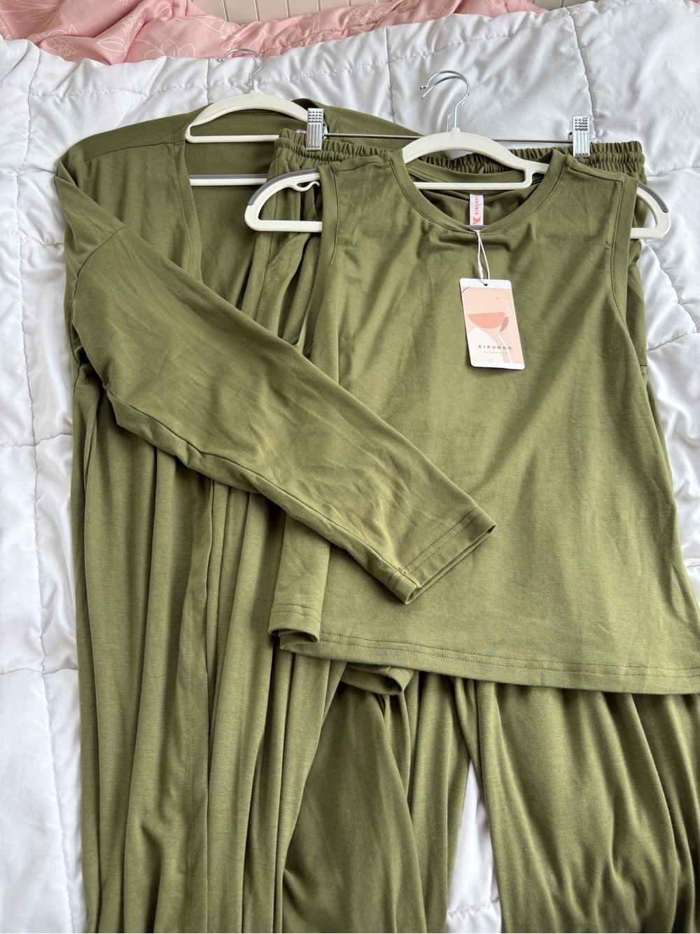 Kirundo Lounge Set L Olive Green Cardigan Tank Wide Leg Pants 3PC NWT